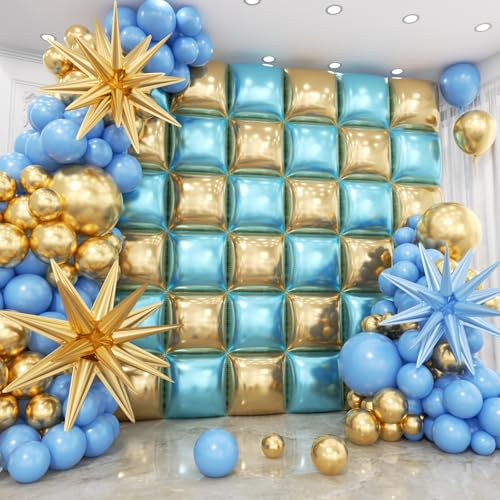 HKYOOD 36pcs Blue and Gold Square Foil Balloons Wall Backdrop with 147pcs Balloon Garland Arch Kit, Double Sided Balloons for Graduation Birthday Anniversary Wedding Baby Shower Prom Party Decorations