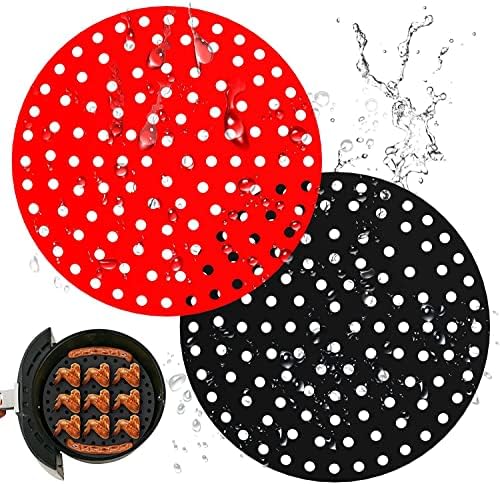Non-Stick Air Fryer Liners 2PCS 8 Inch Round Reusable Silicone Air Fryer Mats with Large Air Circulation Holes Non Stick Easy to Clean for Air Fryer Steaming Basket(Red&Black)