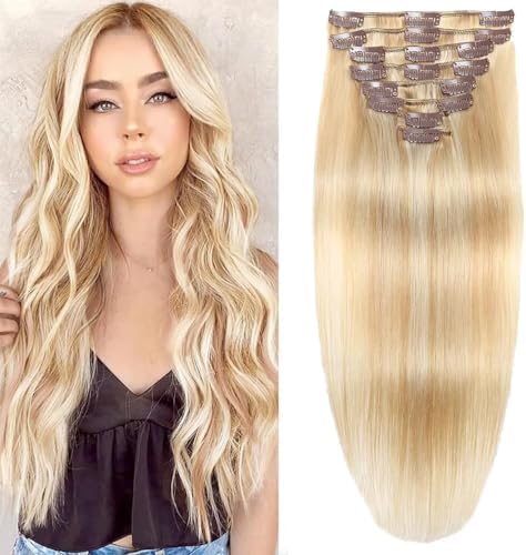 Clip in Hair Extensions Real Human Hair Clip ins 100% Human Hair Extension for Women Clip in Extensions 8pcs Per Set with 18 Clips Double Weft (20 Inch 80g #18/613 Dark Blonde Highlight Bleach Blonde)