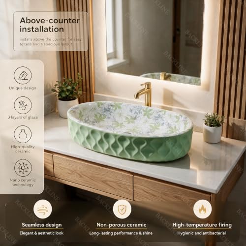 Image of Backline 20x13.5x5.5 Inches Table Top Wash basin | Basin for Bathroom | Countertop Bathroom Basin For Restaurant /Dining Hall /Living Room (Light Green)