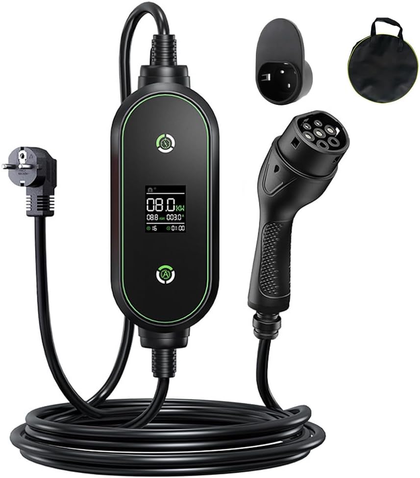 PLKEQS Cargador de Coche eléctrico 3.5KW 1-Fase Ajustable 8/10/13/16A Cargador portátil de VE Tipo 2 con Pantalla LED/retraso de temporización 1-10 Horas/Bolsa de Almacenamiento IEC62196-2,15m