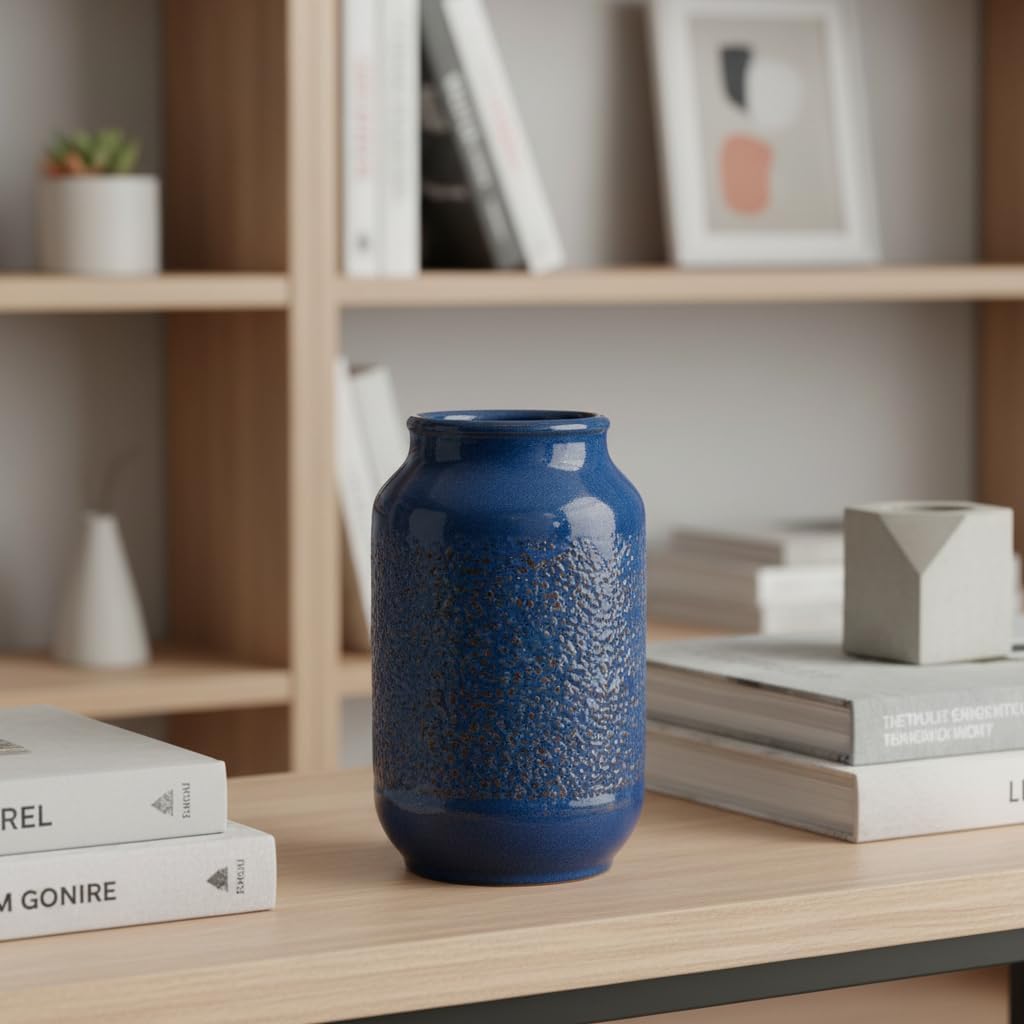 Blue Ceramic Vase for Home Decor, 9 Inch Modern Farmhouse Vase, Decorative Vases for Pampas Grass, Fireplace, Living Room, Bathroom, Tabletop, Kitchen, Office, Farmhouse Decor