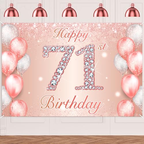 Image of Happy 71st Birthday Rose Gold Banner Cheers to 71 Years Old Backdrop Confetti Balloons Theme Decor for Women 71 Years Old Pink Birthday Party Decorations Bday Supplies Background Favors Gift Glitter