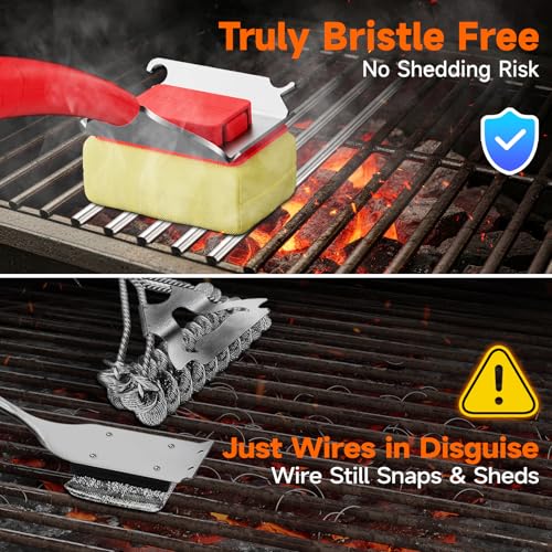 Image of Bristle-Free Grill Brush Head, Heat-Resistant Kevlar Fiber Head, Red Head | Steam Cleaning, Replaceable No-Wire Head, 17 inch Handle, 4-in-1 Scraper, for Porcelain /Ceramic /Stainless Steel /Cast Iron Grate