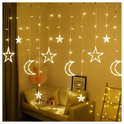 Lelestar 138 LED 8 Blinkande Lägen Måne Stjärna LED Gardin Ljusslinga Fönster Måne Stjärna Ljusslinga för Ramadan Bröllopsfest Hem Trädgård Sovrum Utomhus Inomhus Väggdekorationer (Varm vit)