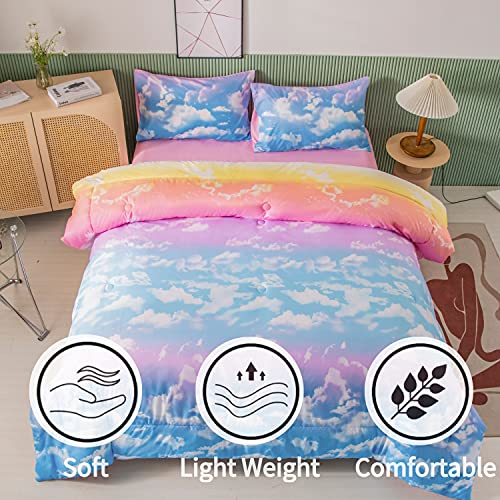 Rynghipy Blue Pink Cloud Sky Comforter Set For Girls All Season Ultra-Soft Gradient Rainbow Cloud Microfiber Comforter Bedding Set Twin Size #TOP2