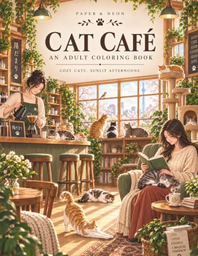 Cat Café: A Cozy Modern Japan Coloring Book for Adults — 50 Relaxing Cat-Café Scenes: Sunbeam Naps, Pour-Over Coffee, House Plants & Cats in Every Corner (Paper & Neon) image 2