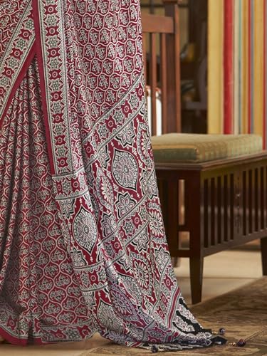 Image of SAREE MALL Women's Ajrkh Print Satin Crepe Polka Dot Printed Saree With Unstitched Blouse Piece