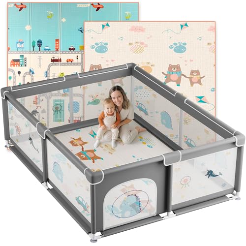 JUPPLIES Parque Infantil Bebe 150x180cm + Alfombra Bebe – Corralito Bebe con Malla Transpirable – Parque de Juegos Bebe Plegable con Puerta Lateral – Playpen Bebe - Gris