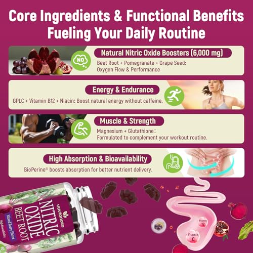 Image of Vuvionoso Nitric Oxide Beet Root Gummies 6000mg - Nitric Oxide Booster with Organic Beet Root, Grapeseed, Pomegranate, Vitamin C & B12 - Sugar-Free Beet Chewables Mixed Berry Flavor - 60 Gummies