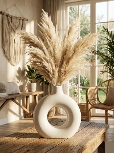 Image of Ceramic Donut Vase Modern Flower Vase | Decorative Centerpiece Vase for Pampas Grass Dried Flowers | Minimalist Home Office Table Decor | Handcrafted Gift (9 Inch (Pack of 1))