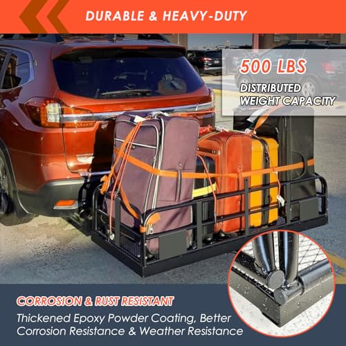 MeeFar High Rail Trailer Folding Hitch Mount Cargo Carrier Basket 60" X 24" X 14"+Waterproof Cargo Bag 20 cu ft(59" 24" 24"), Capacity of 500 Lbs with Hitch Stabilizer, Net, Lock and Straps