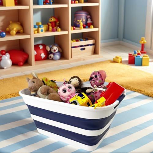 Image of SAMMART Collapsible Plastic Laundry Basket with Handle /Foldable Pop Up Storage Hamper /Portable Laundry Organizer-Space Saving Washing Tub /Household Storage (White /Starry Blue, 27L (Set of 2))