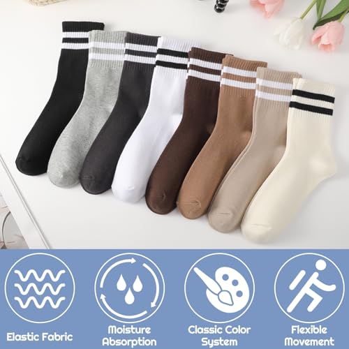 Image of Womens Crew Socks Striped Trim Casual Crew Socks Mid Calf Ankle Sock Vintage Retro Gym Running 6 /8 Pack