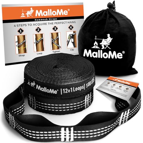 MalloMe XL Hammock Straps - Hammock Tree Straps Set (2 Strap Included 500 lbs Each) 26 Loops & 100% No Stretch Suspension System Kit Camping Hammocks Accessories - Carabiners NOT Included (Black)