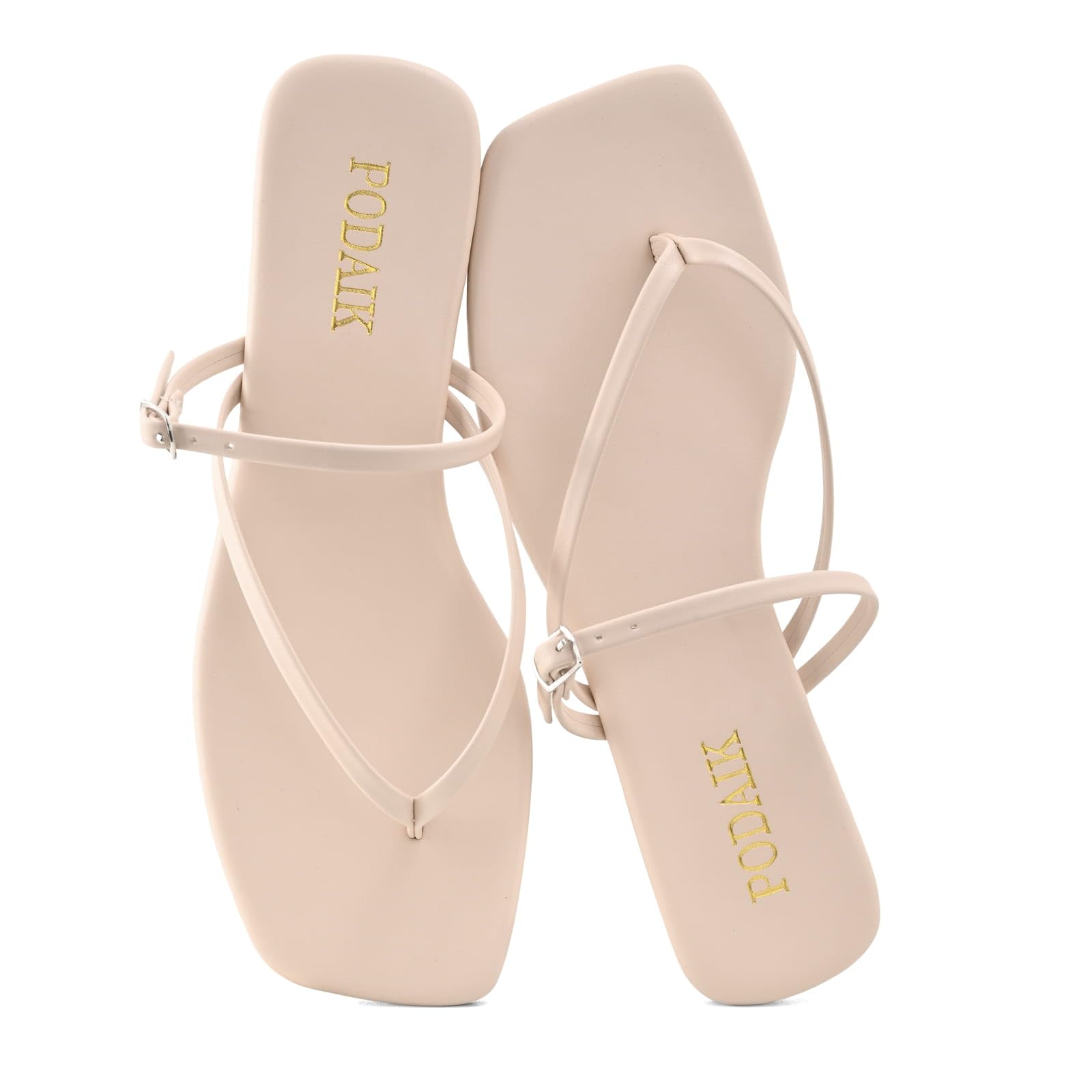 PODAIK Women's Flip Flops Flat Sandals for Women Summer Beach Thong Fashion Square Toe Slip On Slides