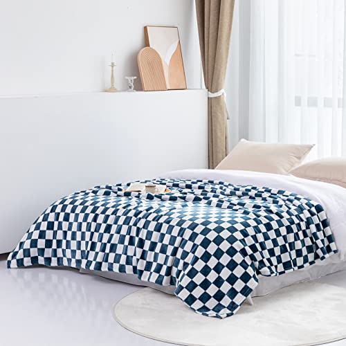 LOMAO Throw Blankets Flannel Blanket with Checkerboard Grid Pattern Soft Throw Blanket for Couch, Bed, Sofa Luxurious Warm and Cozy for All Seasons (Navy, 60"x80")