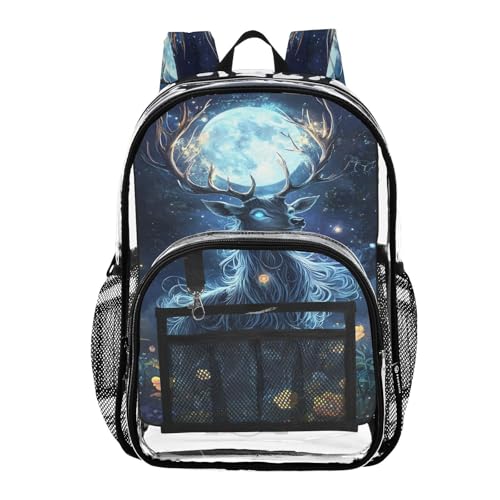 Deer Moon Flower Floral Clear Backpack Heavy Duty See Through Transparent PVC BookBag for Kids Boy Girl School Work