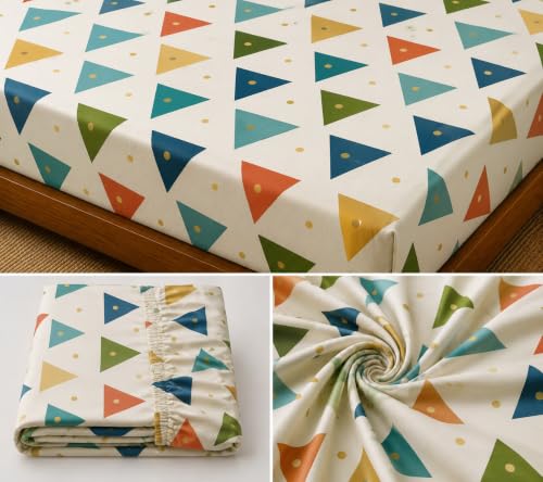 Image of Fitted Bedsheet Multicolor Triangle Print Glace Cotton 210 TC | King Size for Double Bed Fits 6 x 6.5 ft Mattress (72 x 78 Inch) | All Around Elastic | 2 Pillow Covers | 10 Inch Deep Pocket