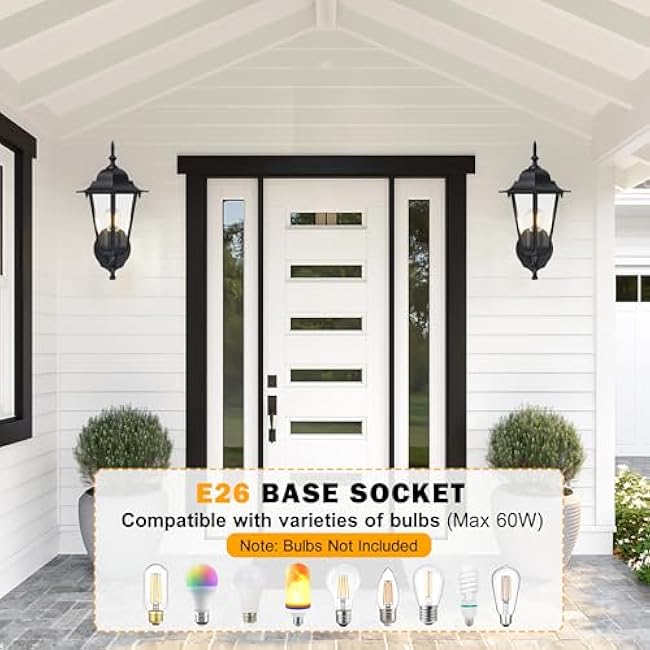 Outdoor Wall Lantern, Wall Sconce as Porch Lighting Fixture, E26 Base 60W Max, Aluminum Housing Plus Glass, Wet Location Rated, Bulbs not Included, Matte Black, 2 Pack