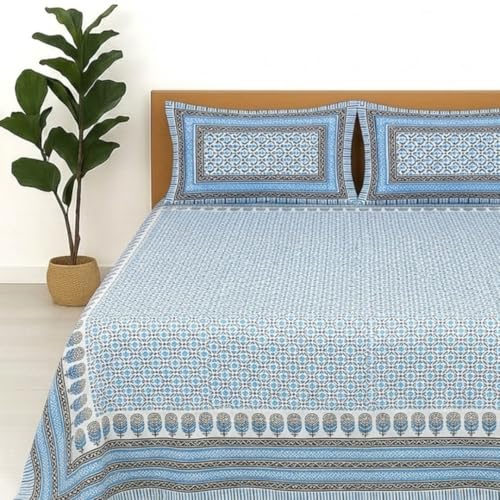 Image of Jaipur Weaves Jaipuri Double Bed Cotton Bedsheet Queen Size 90x85, 120 TC 100% Pure Cotton Bed Sheet with 2 Pillow Covers, Floral Traditional Print (Motifs Blue, Double)