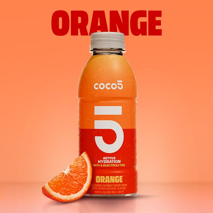 Coco5 Clean Sports Hydration Orange Flavor | 100% Natural | 50% Less Sugar | Nothing Artificial | Non-GMO | Gluten Free | Developed by Pro Trainers for Pro Athletes | 16.9 Oz (Pack - 12)