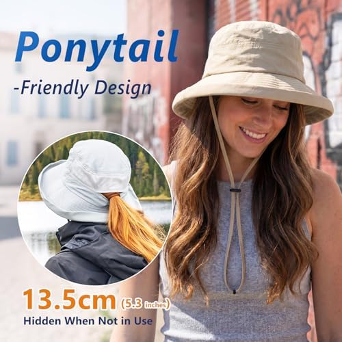 Image of TOP-EX ChicPony Women's Wide Brim Bucket Sun Hat with Ponytail Hole UPF 50 Summer Packable Sunhat for Travel Beach Outdoor