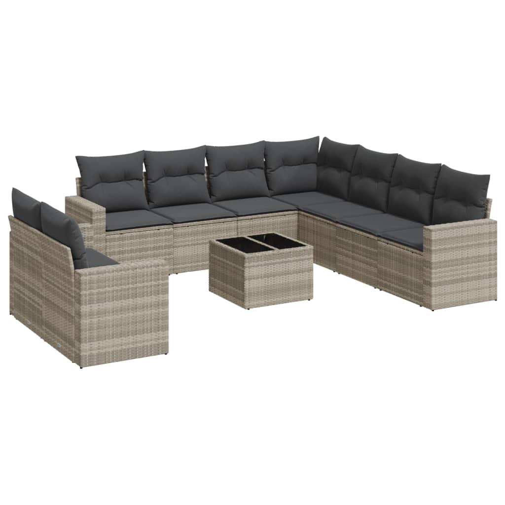 Set Divano da Giardino 10 Pezzi Polyrattan Grigio con Cuscini | Salotto modulare da esterno per patio, terrazzo e cortile, con robusto tavolo in vetro temperato e comodi cuscini.