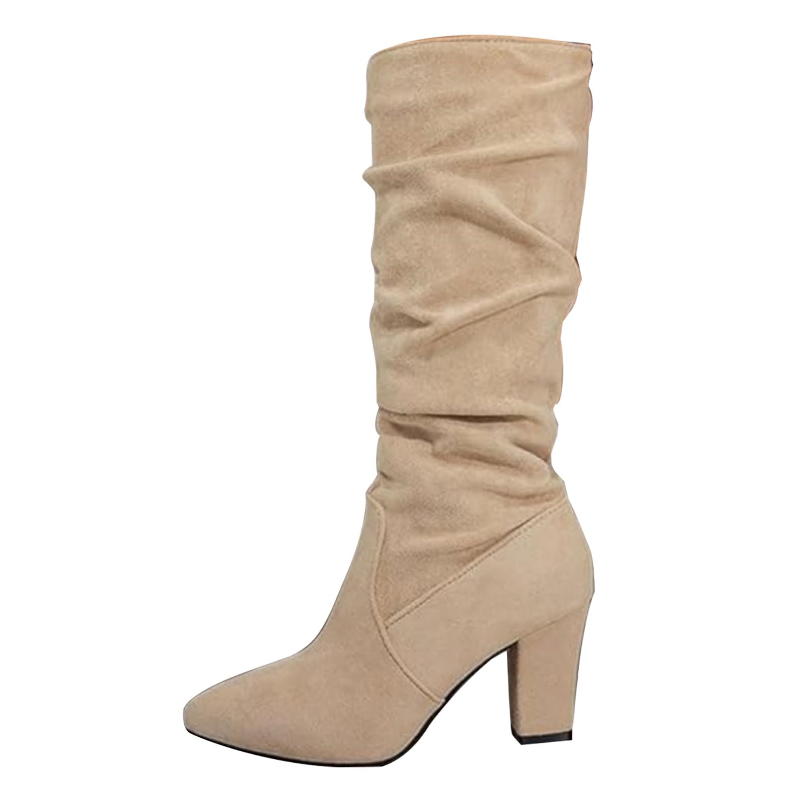 Slouchy Knee High Boots Women Faux Suede Chunky Heel Pointed Toe Boot for Women High Heel Pull On