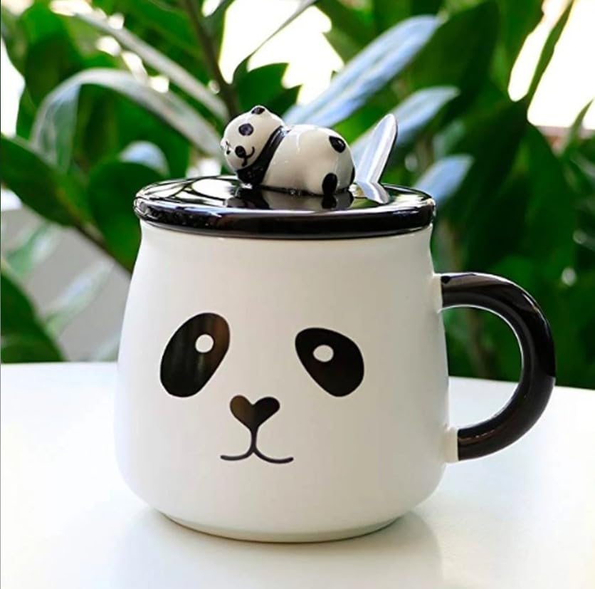 Image of Ceramic Panda Mug with Lid and Spoon, White and Black, 300 ml, Coffee Tea Cup with 3D Panda Design, Gift for Boys Girls Friends Panda Lovers