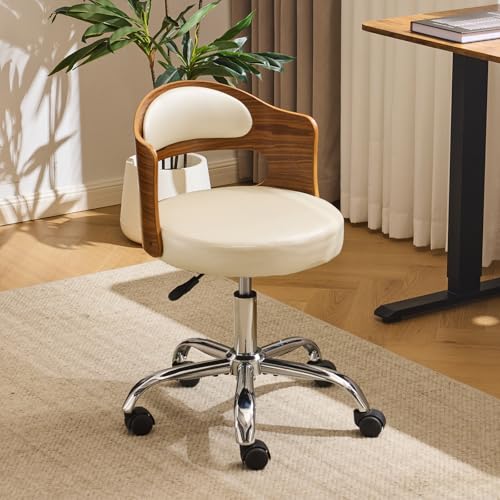 VINGLI Armless Home Office Desk Chair Adjustable Swivel Chair Dual-Use with/no Wheels Small Retro Designed Walnut Curved Task Chair Cushioned Nail Tech Chair for Study Area Workspace PU Ivory White