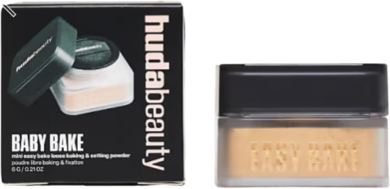Huda Baby Bake Mini Easy Bake Loose Baking & Setting Powder - Kunafa (deep tan and rich skin tones. golden undertones brighten and disguise under-eye darkness) .21 Oz