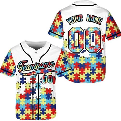 Camiseta de béisbol personalizada para concienciación sobre autismo, con nombre personalizado y diseño de puzzle, apoyo al autismo, guerrero del autismo, regalo para amantes del béisbol, color negro miniatura 1