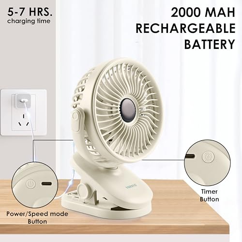 Image of Gesto High Speed Rechargeable Clip-On Table Fan with Digital Display - 360 Moving USB Charging Fan for Home,Kitchen,Baby Stroller | 2000mAh Battery,5 Speed Modes,Portable Battery Operated Fan