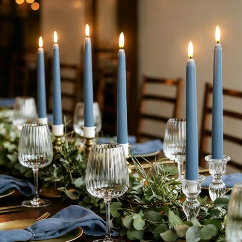 Image of Dusty Blue Flameless Taper Candles with Remote Timer Set of 4