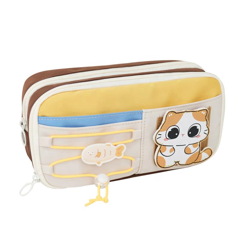 Image of Three-Layer Canvas Pencil Case for Girls - Cute Cat Aesthetic, Large Capacity Pen & Compass Pouch, Multifunctional School Stationery Organizer (Brown)
