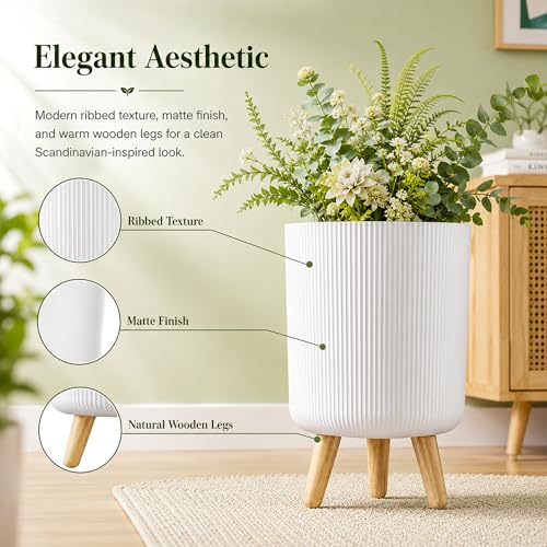 Image of Eightiz Store Modern White Flower Pot with Plastic Legs | Indoor Outdoor Planter for Home Garden Balcony Decor Ribbed Design Sturdy Plastic Mid-Century Style (White, Pack of 1)