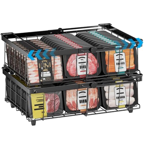 DOUBFIVSY Gefrierkörbe für Gefriertruhe, 2er Set Erweiterbare Stapelbare Gefrierschrank Organizer für 140L-570L Gefriertruhen, Metall Aufbewahrungskorb Drahtkörbe Schwarz mit Griffen, für Küche Büro
