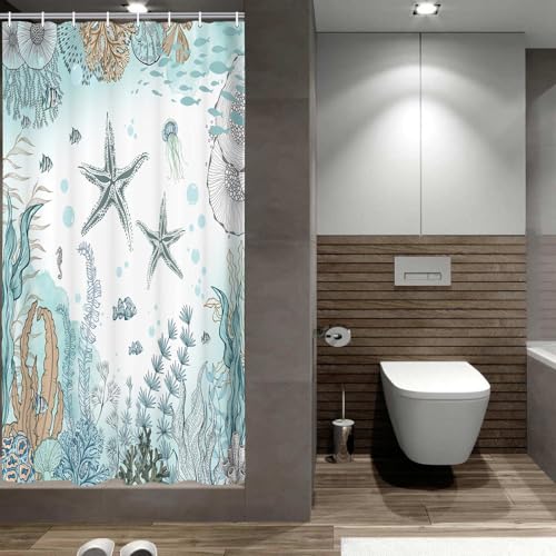 Image of Starfish Shower Curtain, Nautical Sea Animals Summer Shower Curtains for Kids, Teal Blue Ocean Beach Coastal Decorative Bathroom Curtain Sets Waterproof Fabric Machine Washable with Hooks