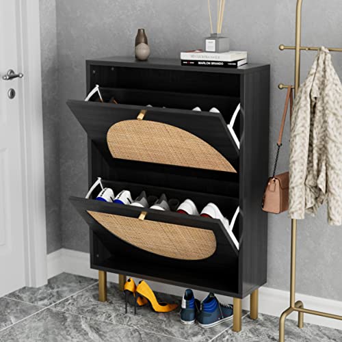 Yoluckea Shoe Cabinet With 2 Flip Drawers, Modern Freestanding Shoe Rack Storage Organizer With Natural Rattan, 2-Tier Shoe Storage Cabinet For Entrance Hallway #TOP19