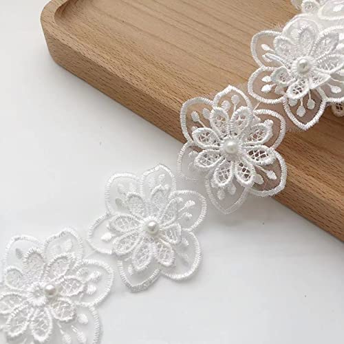 Embroidered Flower Lace Pearl Trim Ribbon Wedding Applique DIY Craft Ribbon White -3Yards (2#)