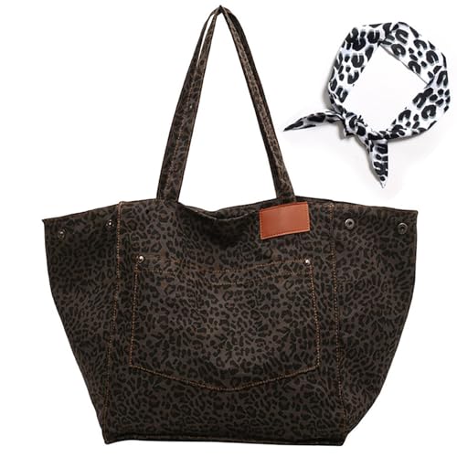 JEKAVA Fourre-Tout Imprimé Léopard en Toile à Bandoulière, Grand Sac à Main Élégant et Tendance pour Femme