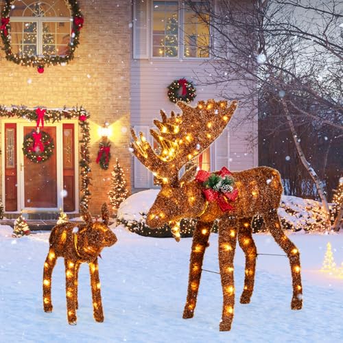 Tangkula 2-Piece Lighted Christmas Moose Family Set, Light-Up Reindeers with 170 Warm White LED Lights, Stakes & Zip Ties Included, Indoor/Outdoor Xmas Holiday Moose Decoration for Home Yard