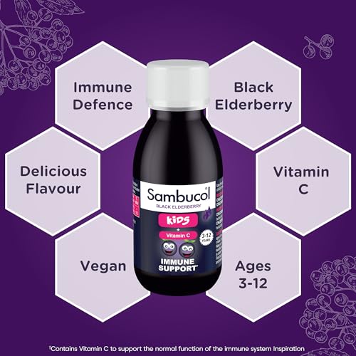 Sambucol Kids Black Elderberry with Vitamin C Liquid 120ml - Great-Tasting Black Elderberry Syrup with Vitamin C to Support Children's Normal Immune Function, Suitable from Age 3+