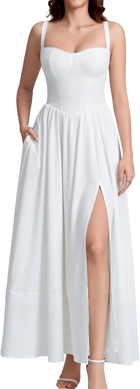 GLNEGE Floral Corset Wedding Guest Maxi Dress Summer Spring Flowy A Line Slit Tea Party Sundress for Women with Pockets