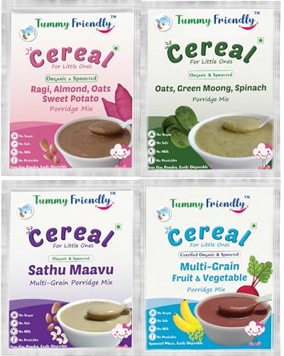 Image of TummyFriendly Foods Certified Organic Porridge Mixes Trial Packs Combo For Little Ones | Organic Sprouted Ragi, Oats, Banana, MultiGrain, Oats, Sathu Maavu | Made of Organic-Sprouted Ragi Flour, Pulses, Fruit, Vegetables and Nuts | Maximum Possible Nutrition From Real Food | No Sugar, No Salt, No Chemicals, No Pesticides & No GMO | 4 Baby Packs, 50g Each | Shelf Life 9 Month.