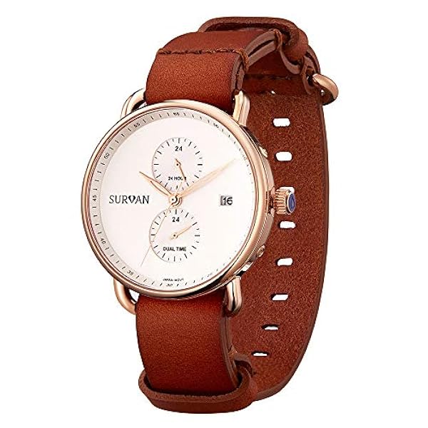 SURVAN Watch Designer Herr kvartsur rostfritt stål fodral med safirkristallglas med äkta läderrem, dubbel tid, vattentät