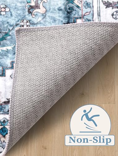 SERISSA Boho Washable Runner Rug, 2'6"x8' Non-Slip Vintage Blue Hallway Kitchen Runner Rug Ultra Soft Print Distressed Floor Carpet for Bedroom Bathroom Laundry Living Room