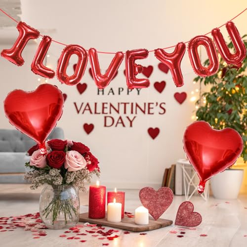 Image of I Love You Balloons Banner and Heart Shaped Balloon, Love Balloons Decorations for Him Her I Heart You Valentines Day Balloon for Valentine Day Romantic Wedding Anniversary Engagement Party Supplies