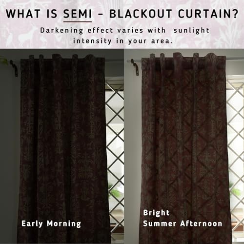 Image of Tranquebar Curtain Co. Semi Blackout, 5 Feet for Window, 80% Blackout, Botanical Print, Pink Curtains, Boho Curtains for Living Room, Heavy Polyester, BackTabs, Cairo (152 cm) - 1 Piece